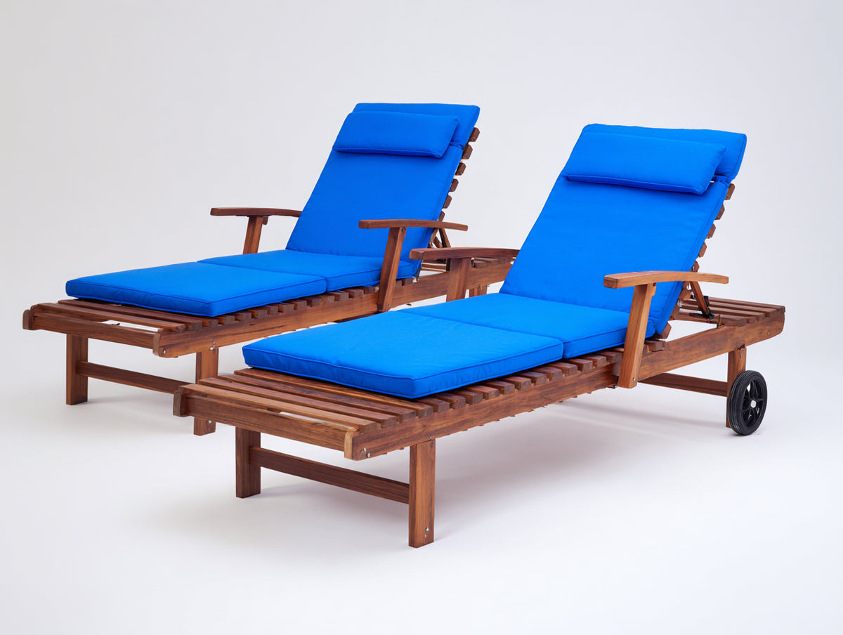 Tumbonas 200x70x35 cm - madera natural - cojín azul - diseño reclinable para jardín