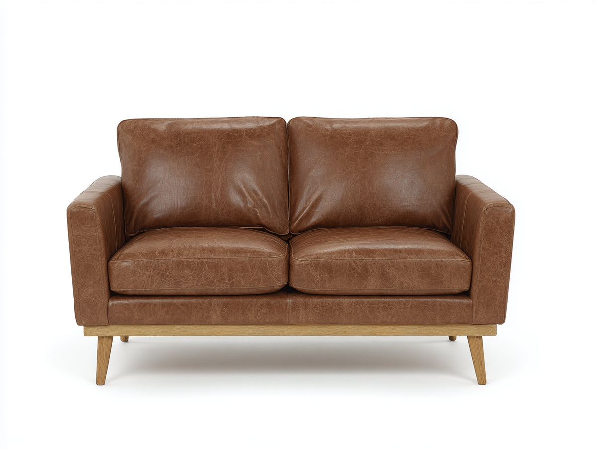 Sofás 2 plazas tapizados 160 x 88 x 84 cm - marrón coñac y madera natural - diseño moderno con patas inclinadas
