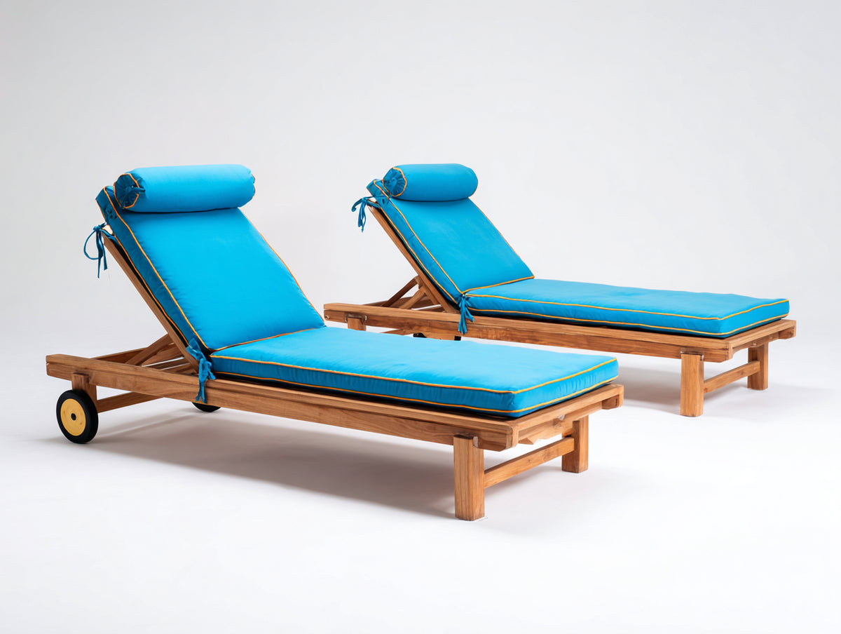 Tumbonas juego de 2 unidades de madera 200 x 70 x 90 cm - azul y marrón - respaldo reclinable con ruedas para exterior