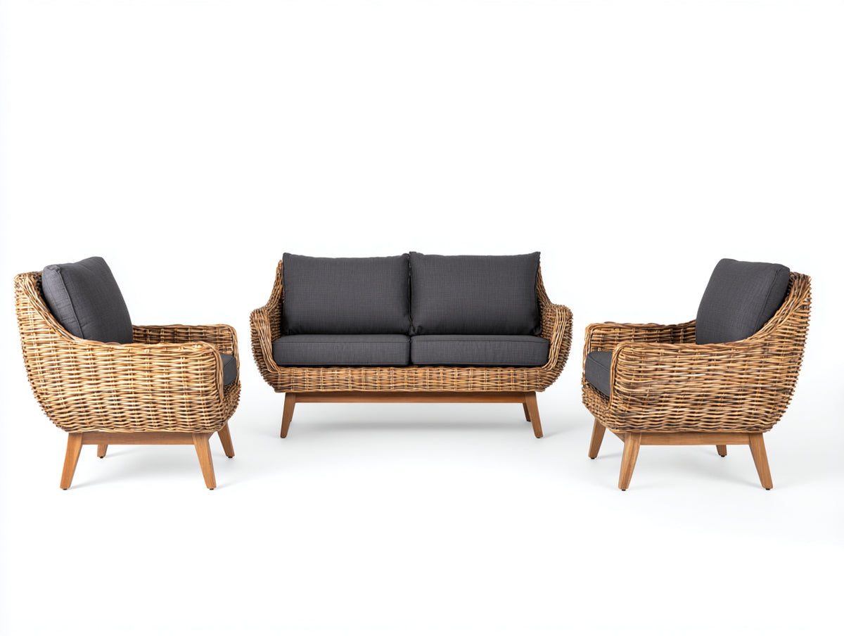 Sofás de exterior conjunto de 3 piezas 220x80x75 cm - ratán sintético y madera - color natural y gris oscuro - diseño moderno
