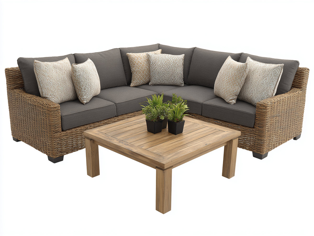 Sofás de exterior conjunto de 2 piezas 240 x 240 x 70 cm - ratán sintético marrón y gris - sofá esquinero con mesa de centro cuadrada