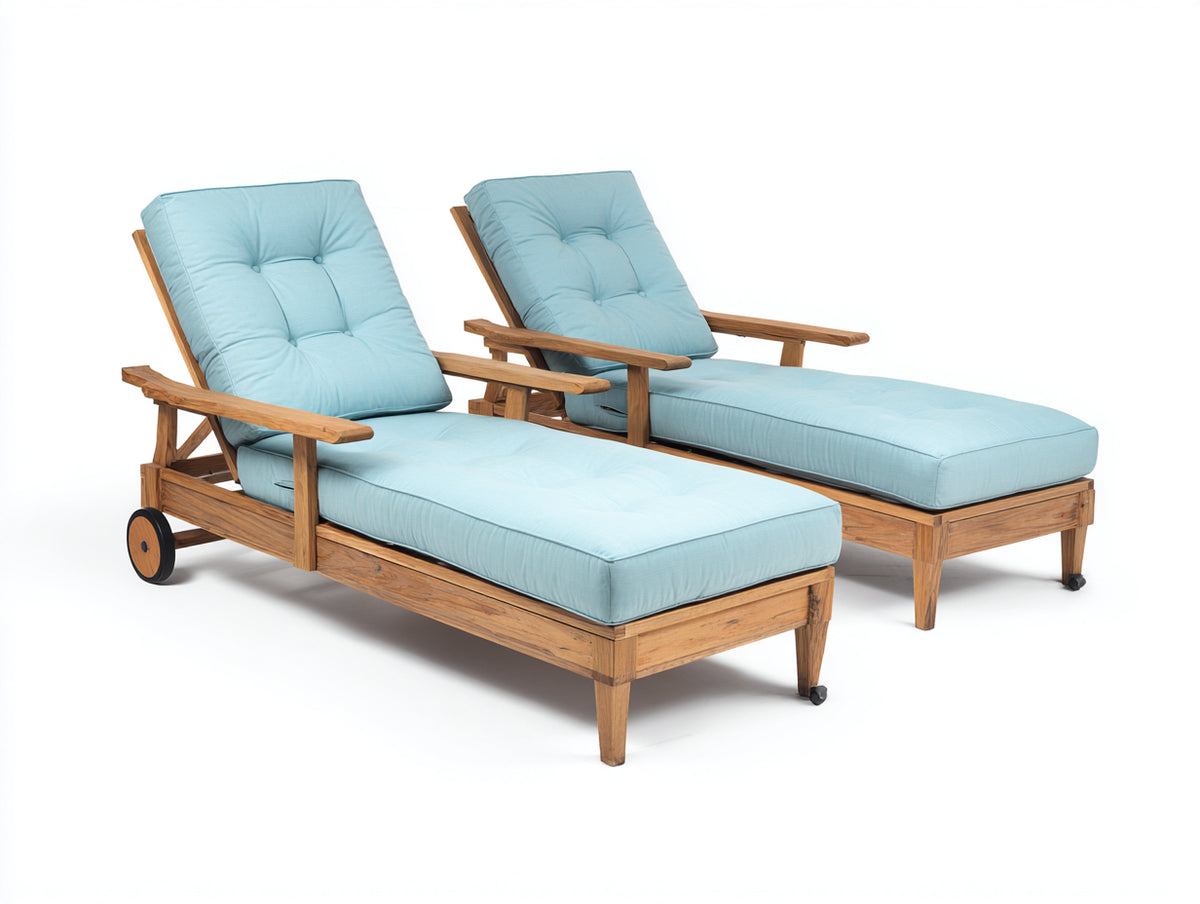Tumbonas de exterior conjunto de 2 piezas 200x70x35 cm - madera y tela - color natural y azul claro - diseño moderno