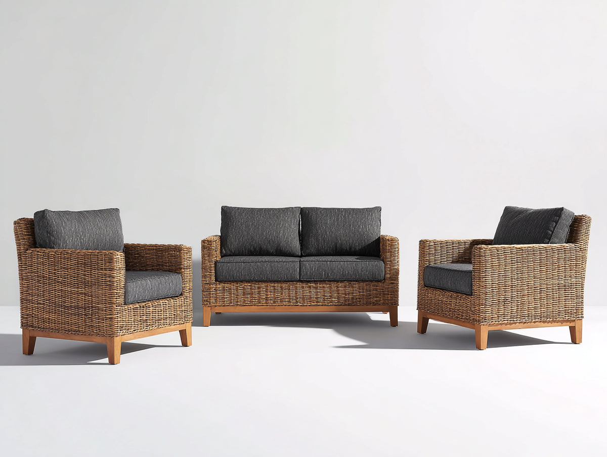 Sofás de exterior conjunto de 3 piezas 220x75x75 cm - ratán sintético y madera - color natural y gris - estilo moderno