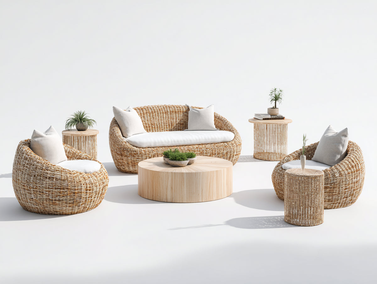 Sofás de exterior conjunto de 7 piezas 155 x 90 x 80 cm - ratán sintético marrón y blanco - sofá de dos plazas dos sillones y mesas auxiliares