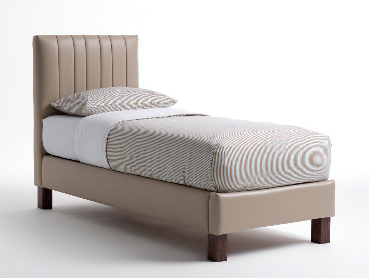 Camas individuales tapizada 205 x 105 x 115 cm - beige y marrón - cabecero acanalado vertical y patas efecto madera
