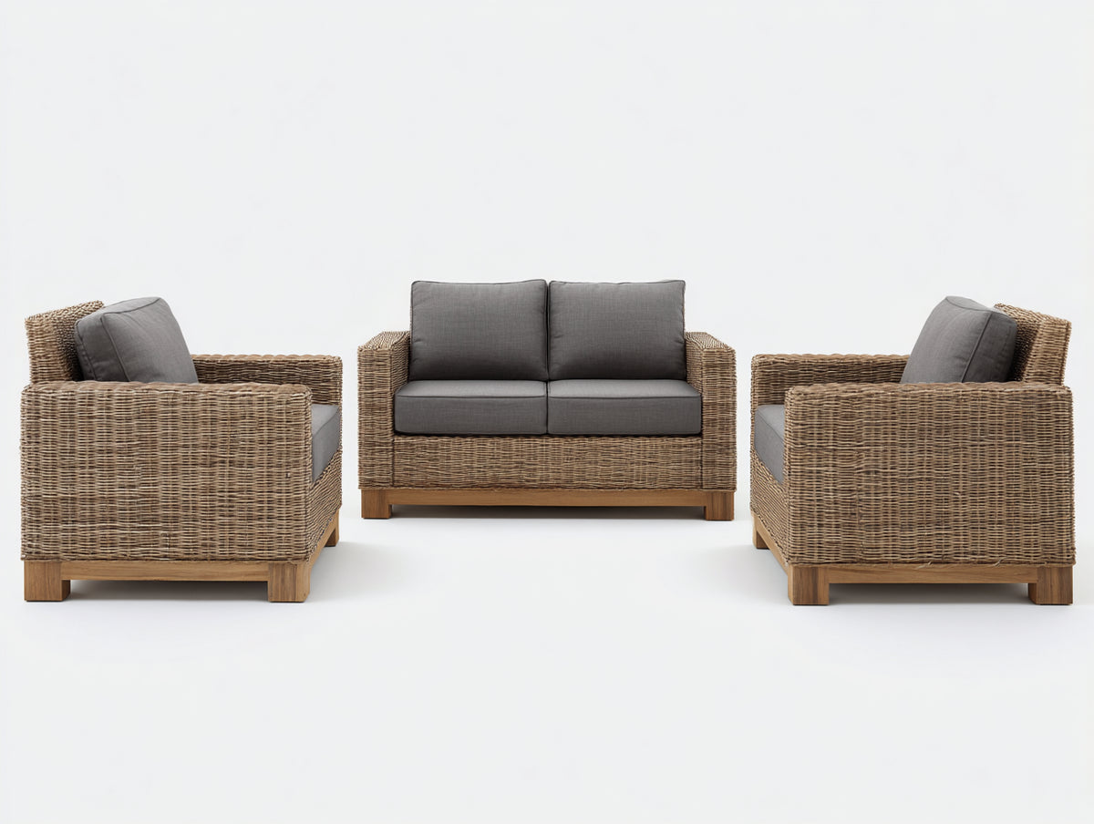 Sofás de exterior conjunto de 3 piezas 150 x 82 x 78 cm - ratán sintético marrón y gris - sofá de dos plazas y dos sillones con diseño tejido
