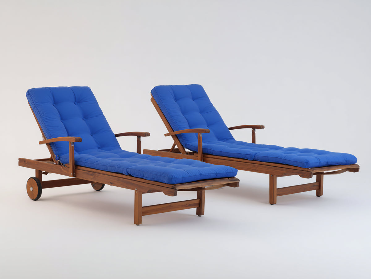 Tumbonas de madera 200 x 72 x 92 cm - azul y madera natural - respaldo reclinable con ruedas