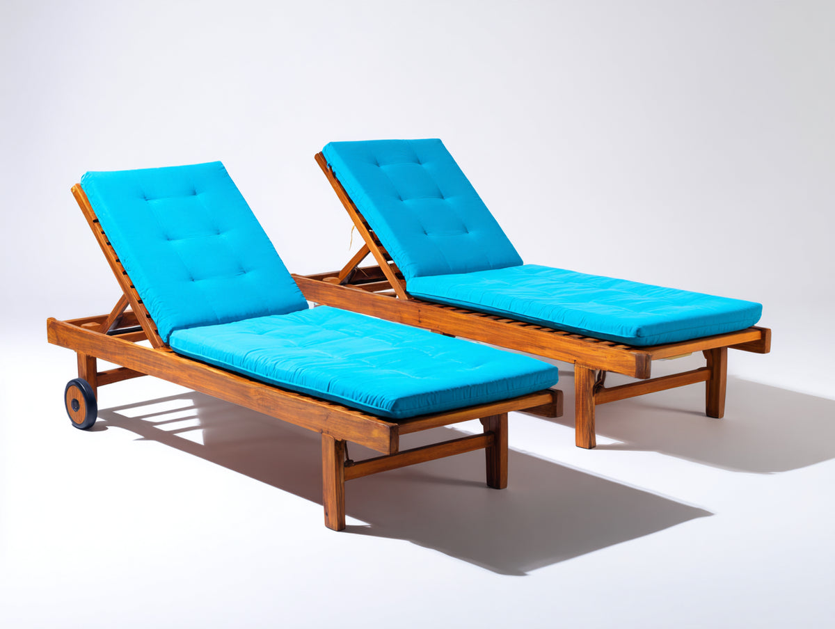 Tumbonas de exterior conjunto de 2 piezas 200x70x35 cm - madera y tela - color natural y azul - diseño moderno