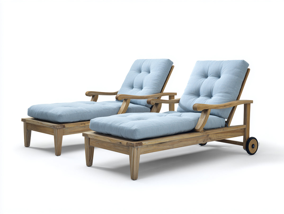 Tumbonas de madera 200 x 72 x 92 cm - azul claro y madera natural - respaldo reclinable con ruedas