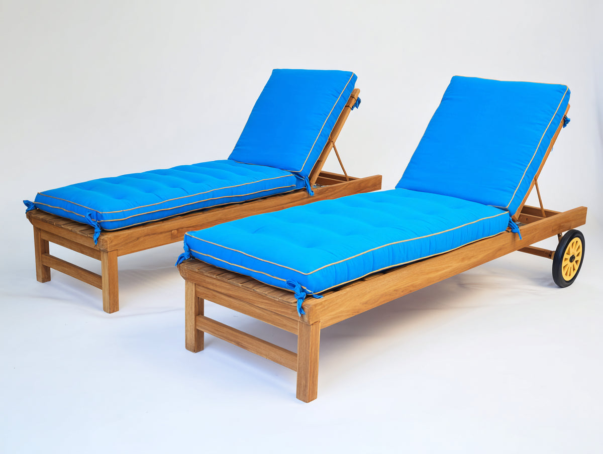 Tumbonas de madera 200 x 72 x 92 cm - azul y madera natural - respaldo reclinable con ruedas