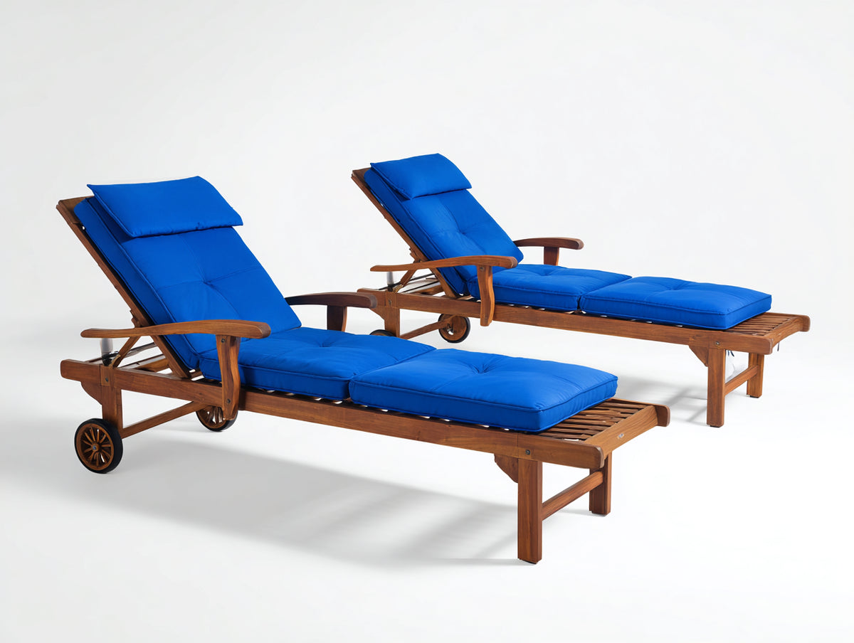 Tumbonas juego de 2 unidades de madera 200 x 70 x 95 cm - azul y marrón - respaldo reclinable con reposabrazos y ruedas