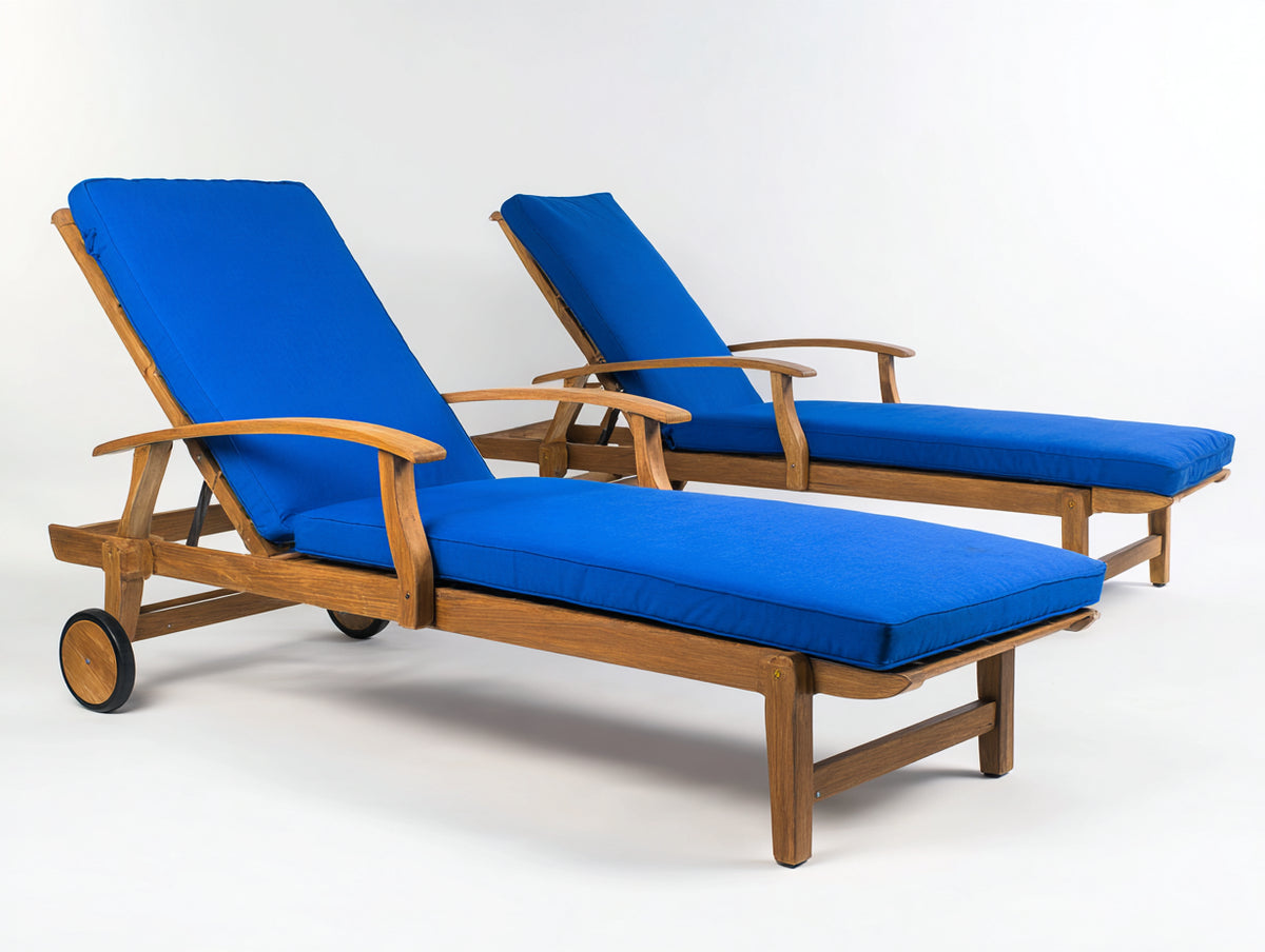 Tumbonas 200x70x35 cm - madera natural - cojín azul - diseño exterior para jardín