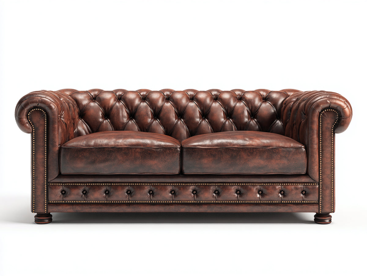 Sofás 2 plazas tapizados 185 x 95 x 78 cm - marrón oscuro - estilo Chesterfield con capitoné y brazos enrollados