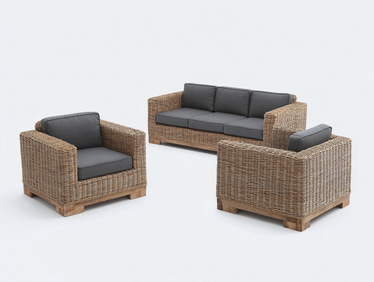 Sofás de exterior 210x80x75 cm - conjunto 3 piezas - ratán sintético - gris y marrón - estilo natural para jardín