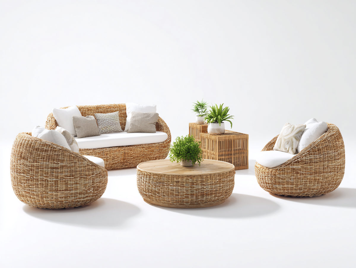 Sofás de exterior conjunto de 5 piezas 250x85x75 cm - ratán sintético y madera - color natural y blanco - diseño moderno