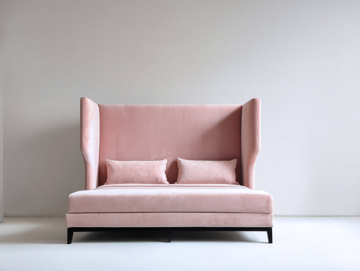 Camas dobles tapizada 220x180x110 cm - terciopelo rosa - diseño moderno con cabecero alto
