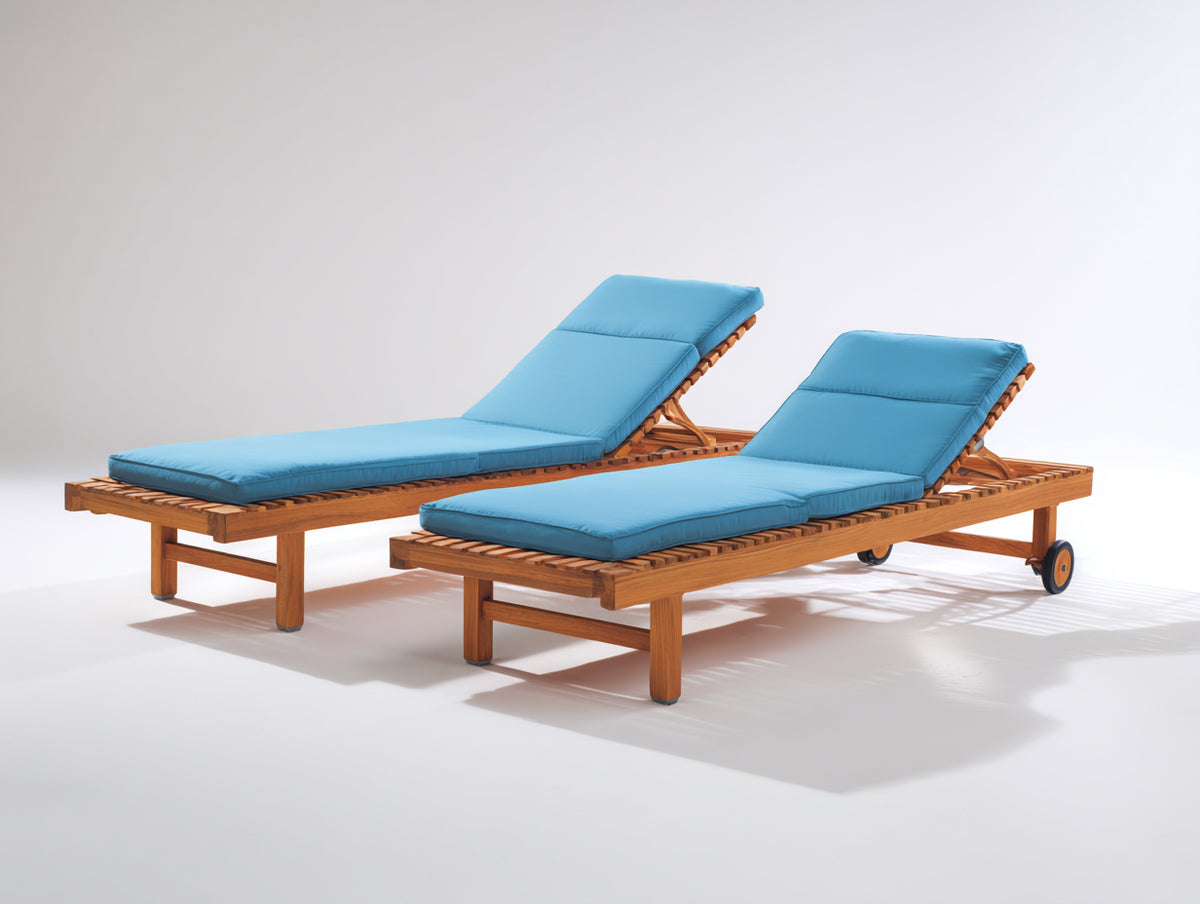 Tumbonas 200x70x35 cm - madera natural - cojín azul - diseño reclinable para jardín