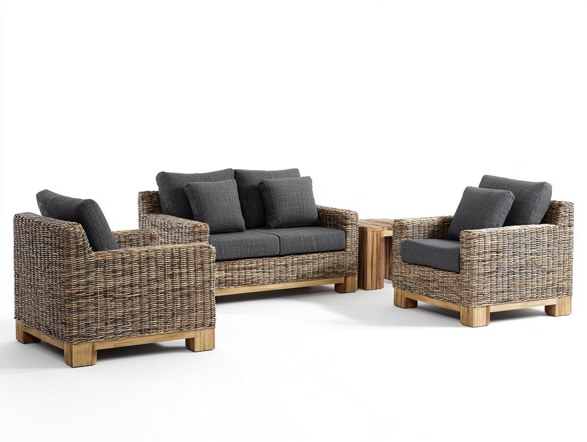Sofás de exterior de ratán 160 x 80 x 78 cm - marrón natural y gris oscuro - conjunto de jardín con mesa auxiliar