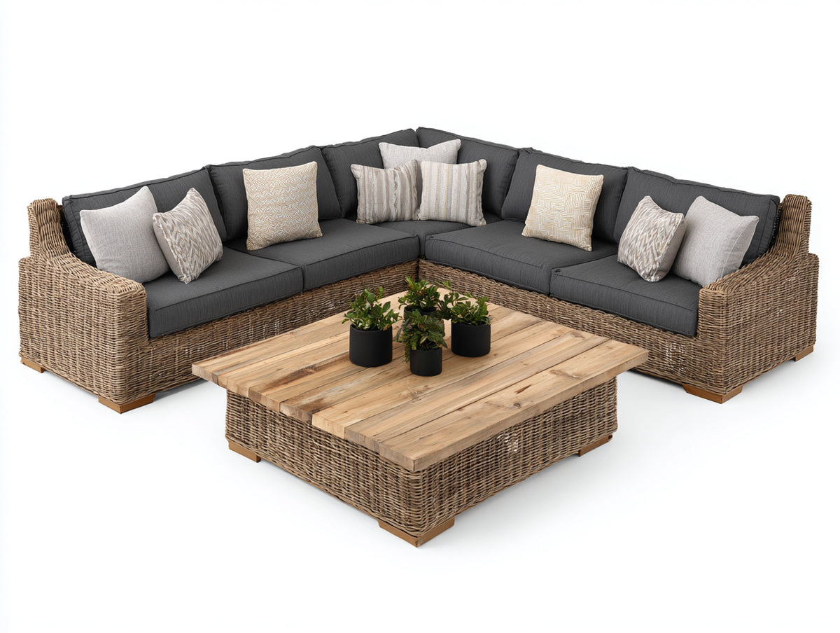 Sofás de exterior 260x260x76 cm - conjunto esquinero - ratán sintético - gris y marrón - diseño moderno para jardín