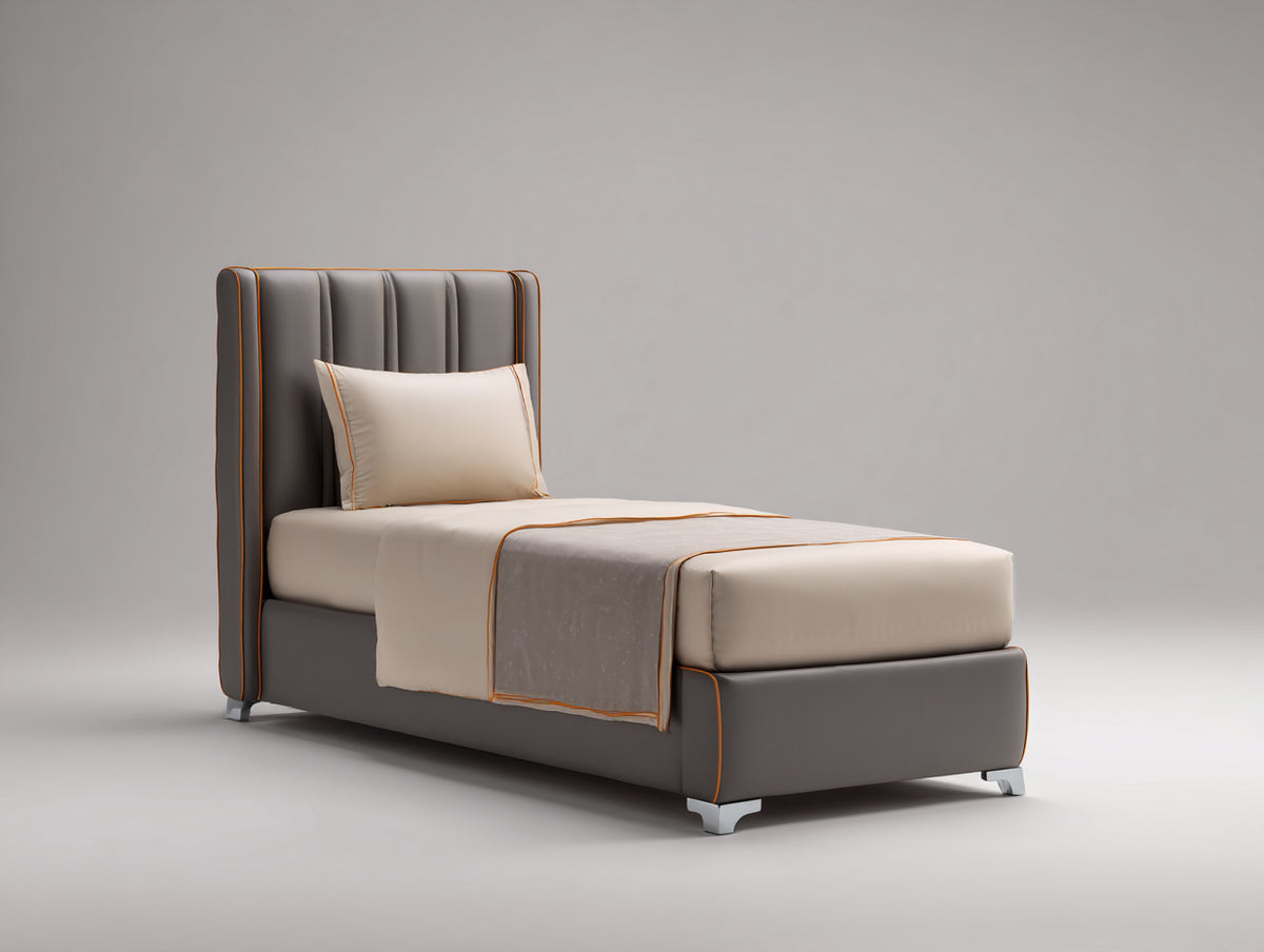 Camas individuales tapizada 215x105x115 cm - tela gris y blanco crema - estilo moderno con cabecero acolchado