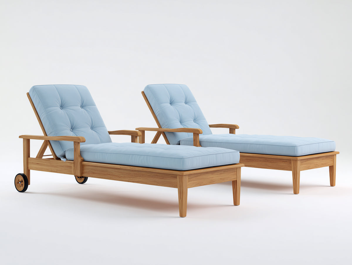 Tumbonas juego de 2 unidades de madera 200 x 70 x 95 cm - azul claro y marrón - respaldo reclinable con reposabrazos y ruedas