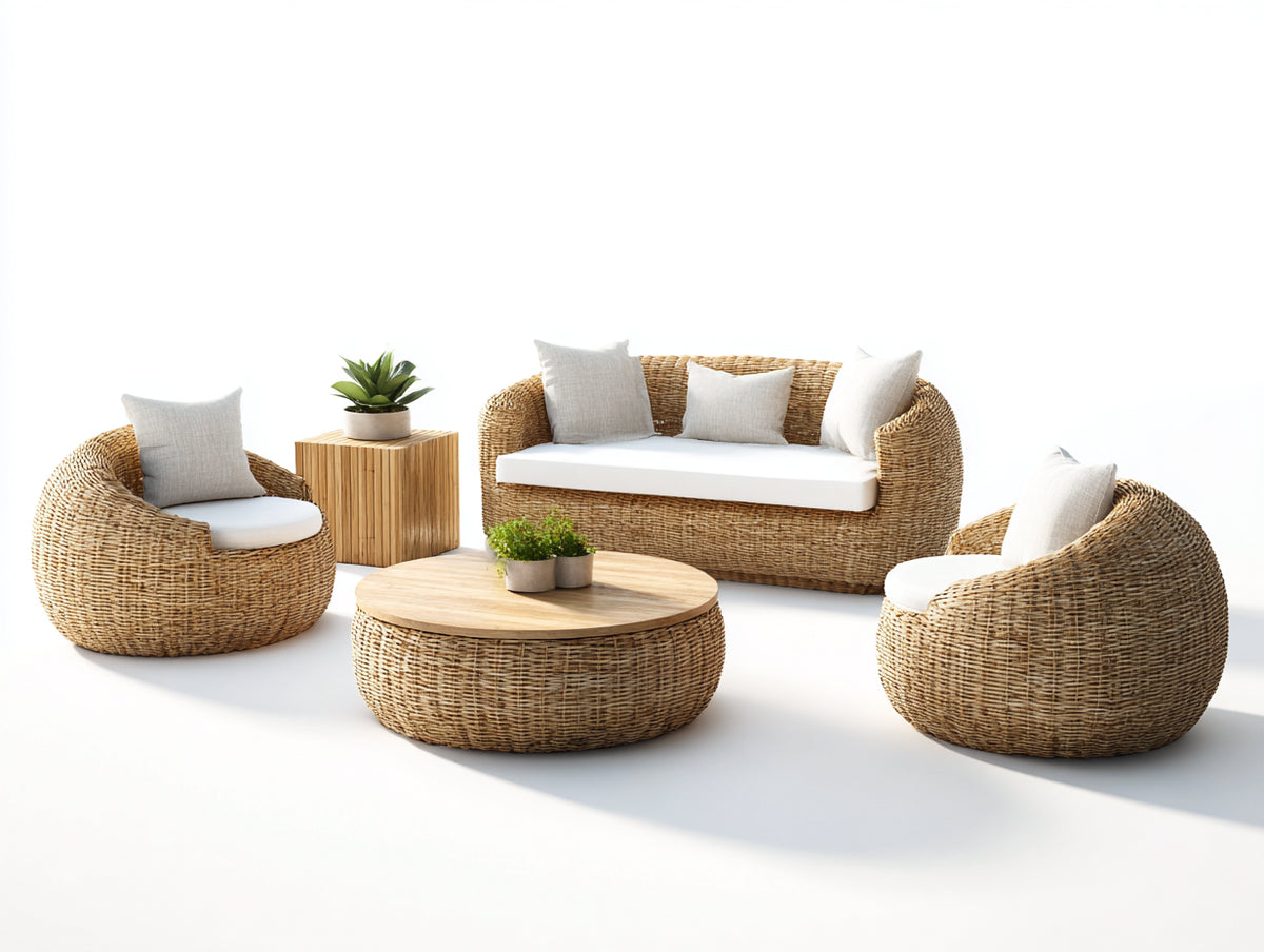 Sofás de exterior conjunto de 7 piezas 155 x 90 x 80 cm - ratán sintético marrón y blanco - sofá de dos plazas dos sillones y mesas auxiliares