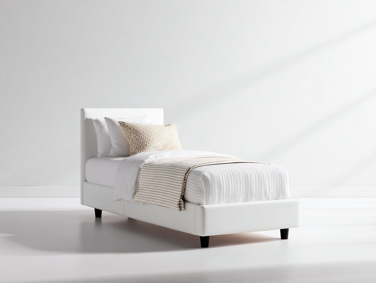 Camas individuales - cama tapizada 205 x 105 x 105 cm - blanco con cabecero rectangular y diseño moderno