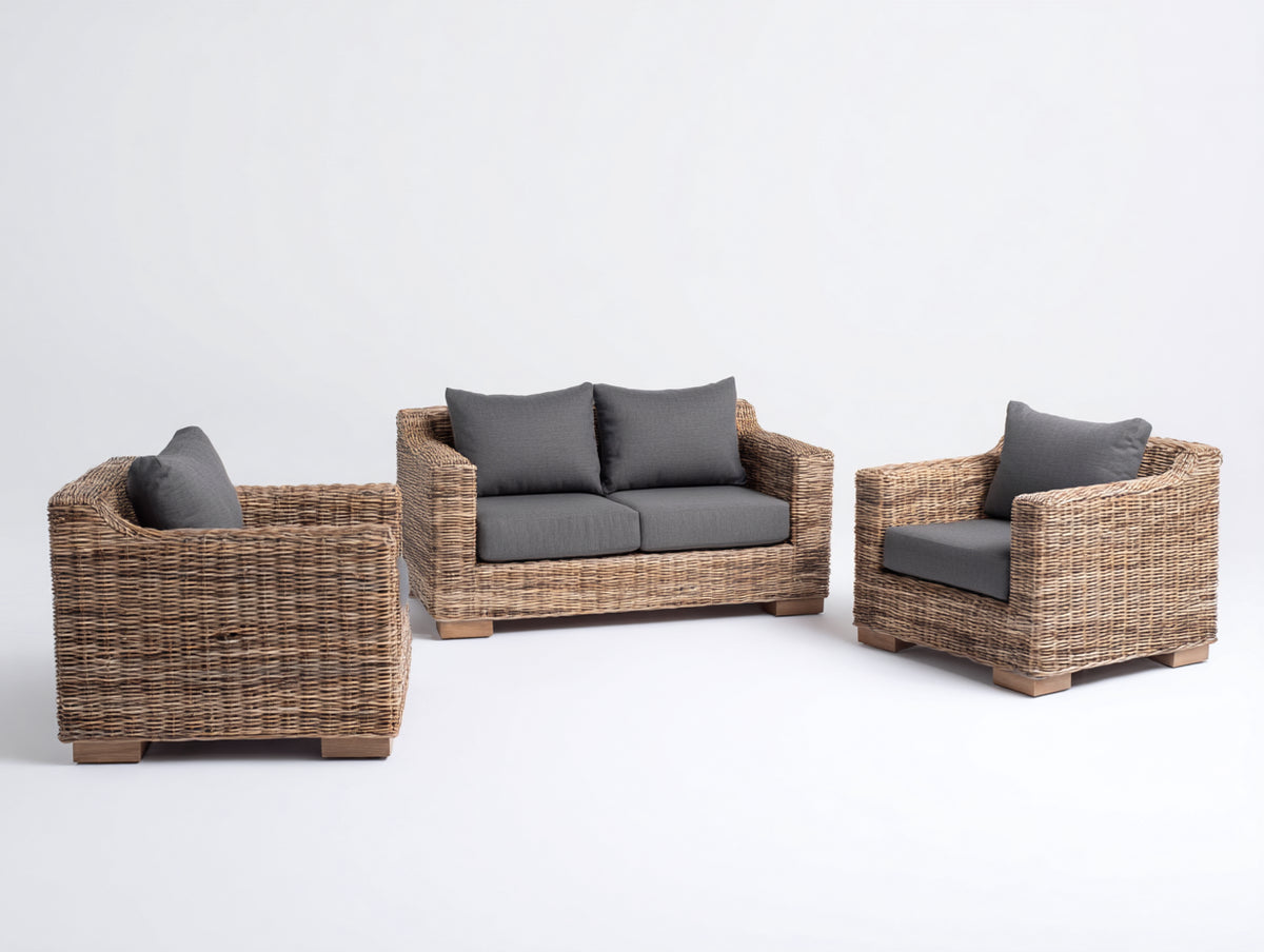 Sofás de exterior 140x75x75 cm - conjunto 3 piezas - ratán sintético - gris y marrón - diseño natural para jardín
