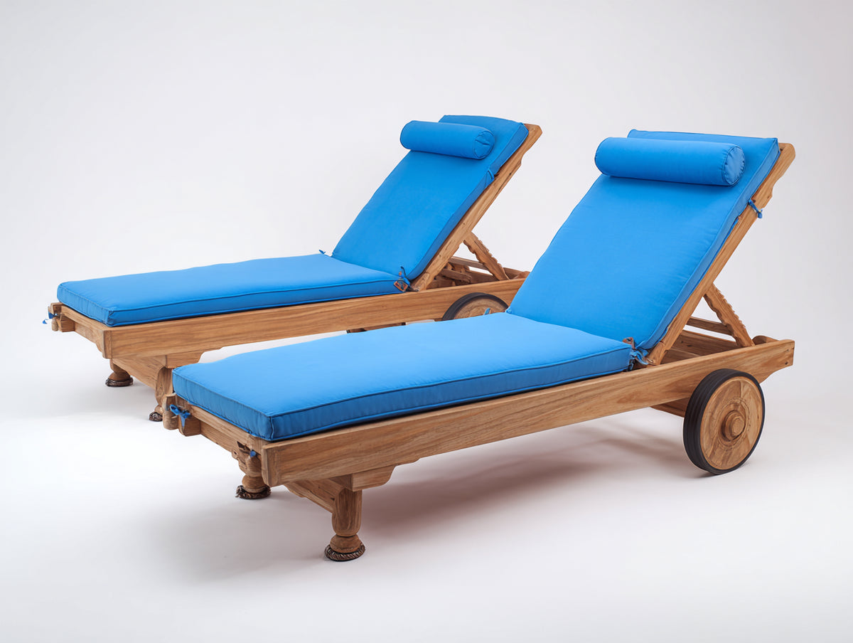 Tumbonas 200x70x35 cm - madera natural - cojín azul - diseño reclinable para jardín