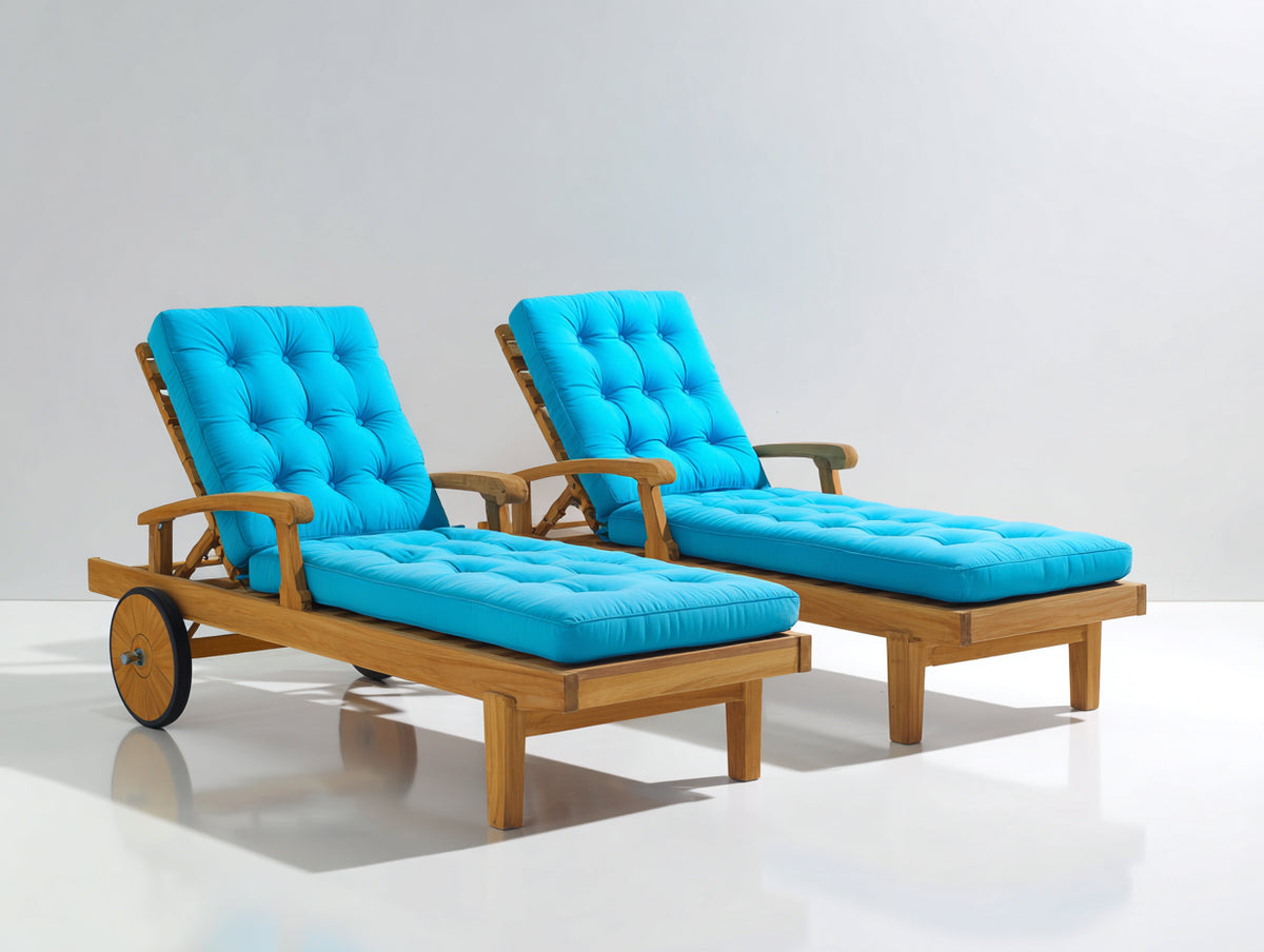 Tumbonas de madera 200 x 72 x 92 cm - azul turquesa y madera natural - respaldo reclinable con ruedas