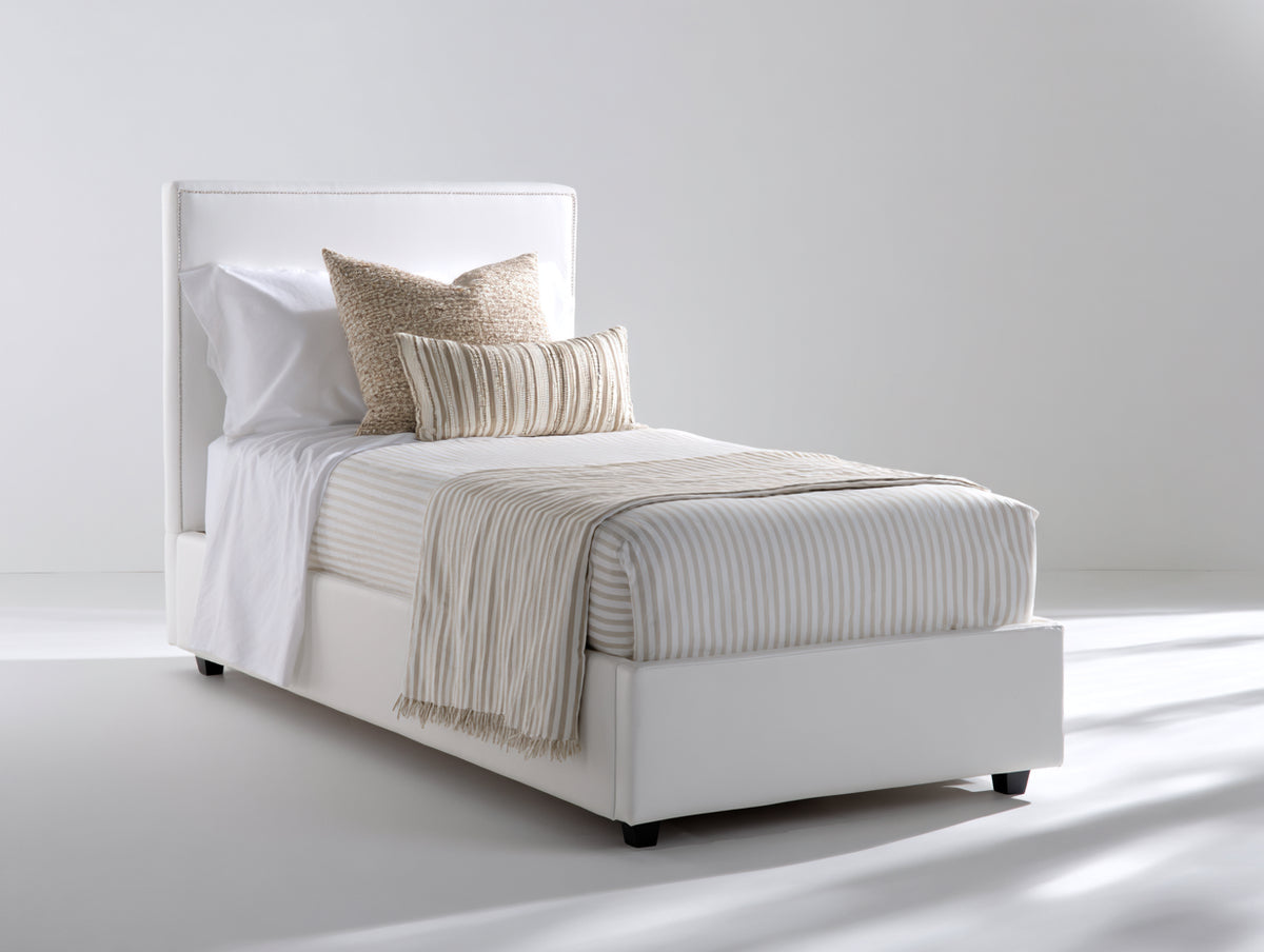 Camas individuales tapizada en tejido 205 x 105 x 110 cm - blanco - cabecero alto con ribete y diseño moderno